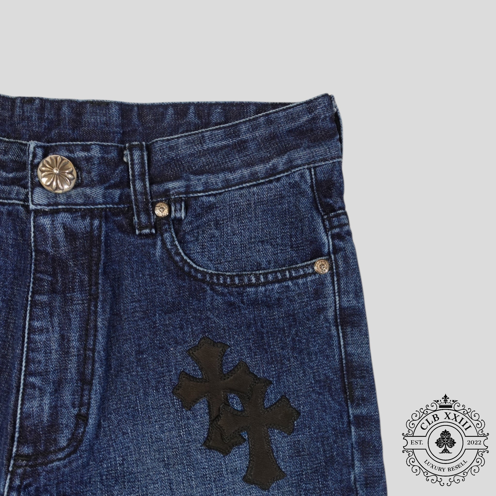 Chrome Hearts Cross Patch Denim Shorts in Dark Wash