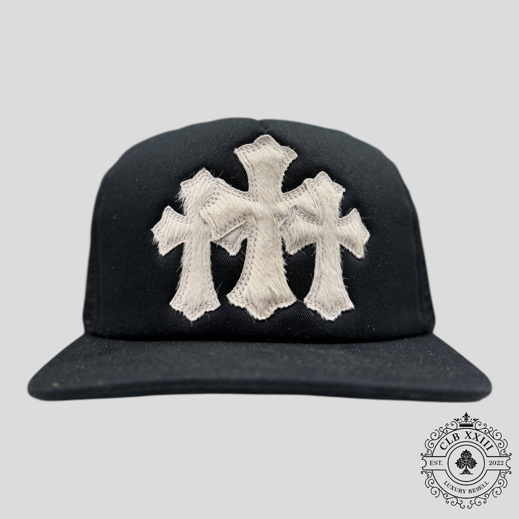 Chrome Hearts Pony Hair Cemetery Cross Trucker Hat in Black
