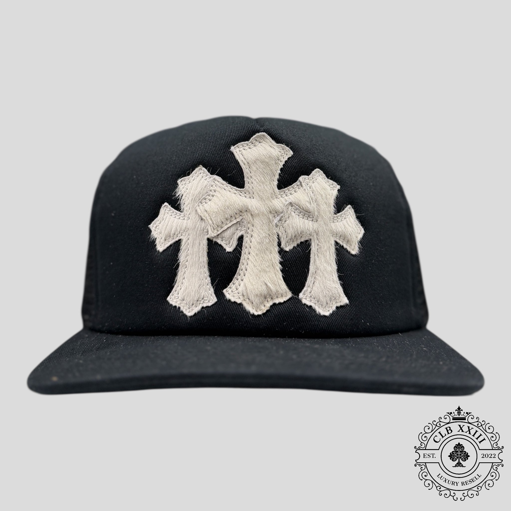 Chrome Hearts Pony Hair Cemetery Cross Trucker Hat in Black