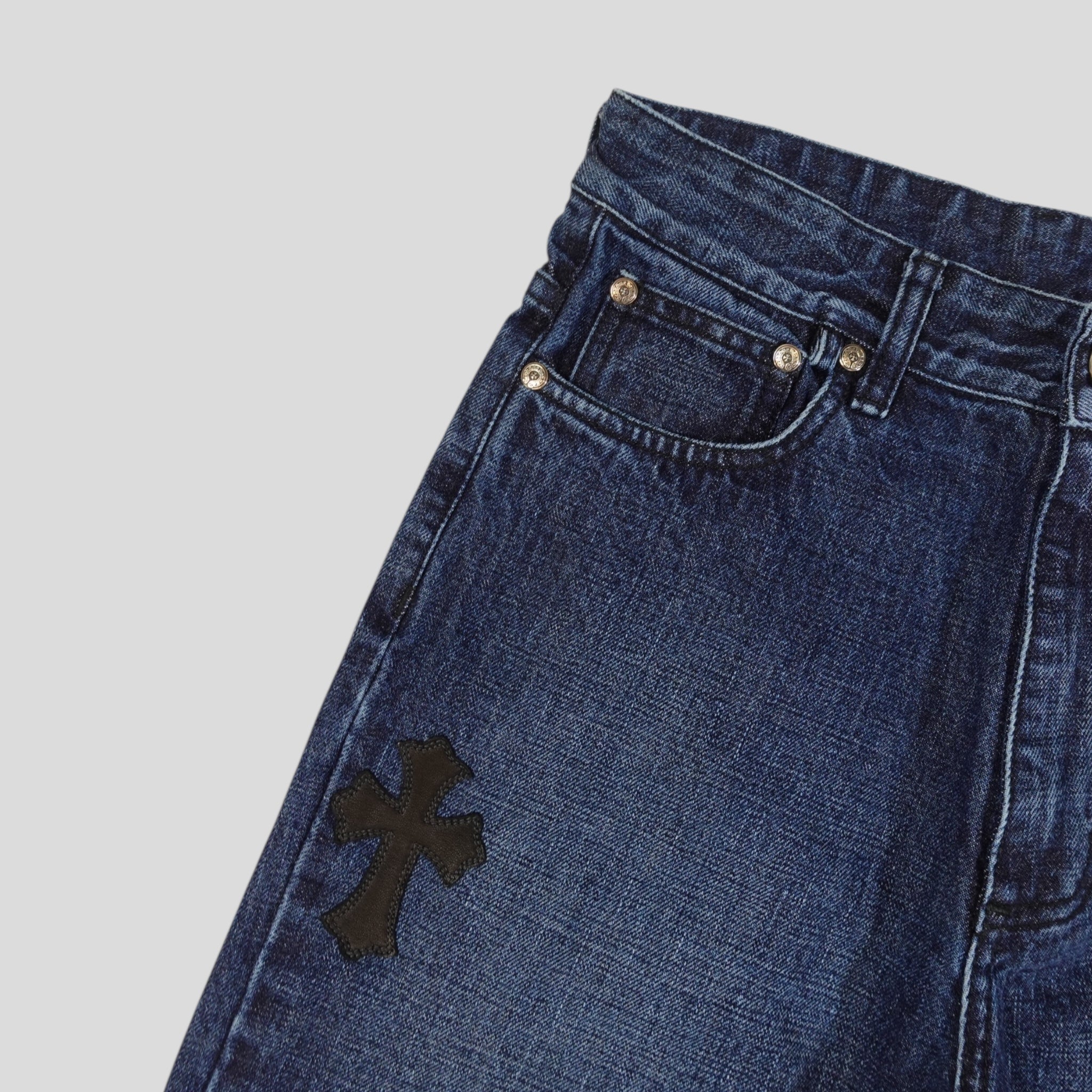 Chrome Hearts Cross Patch Denim Shorts in Dark Wash
