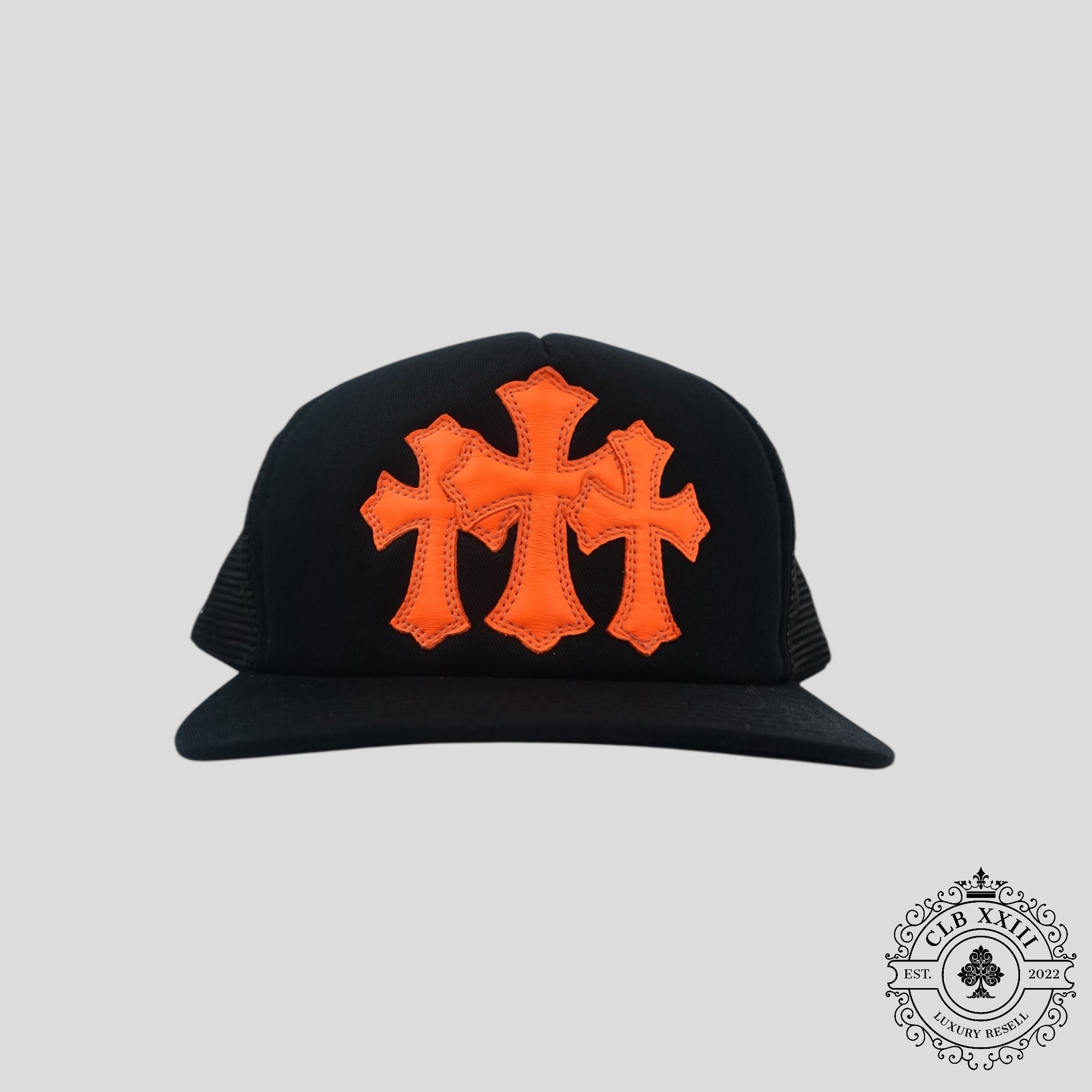 Chrome Hearts Triple Cross Trucker Hat in Black / Orange
