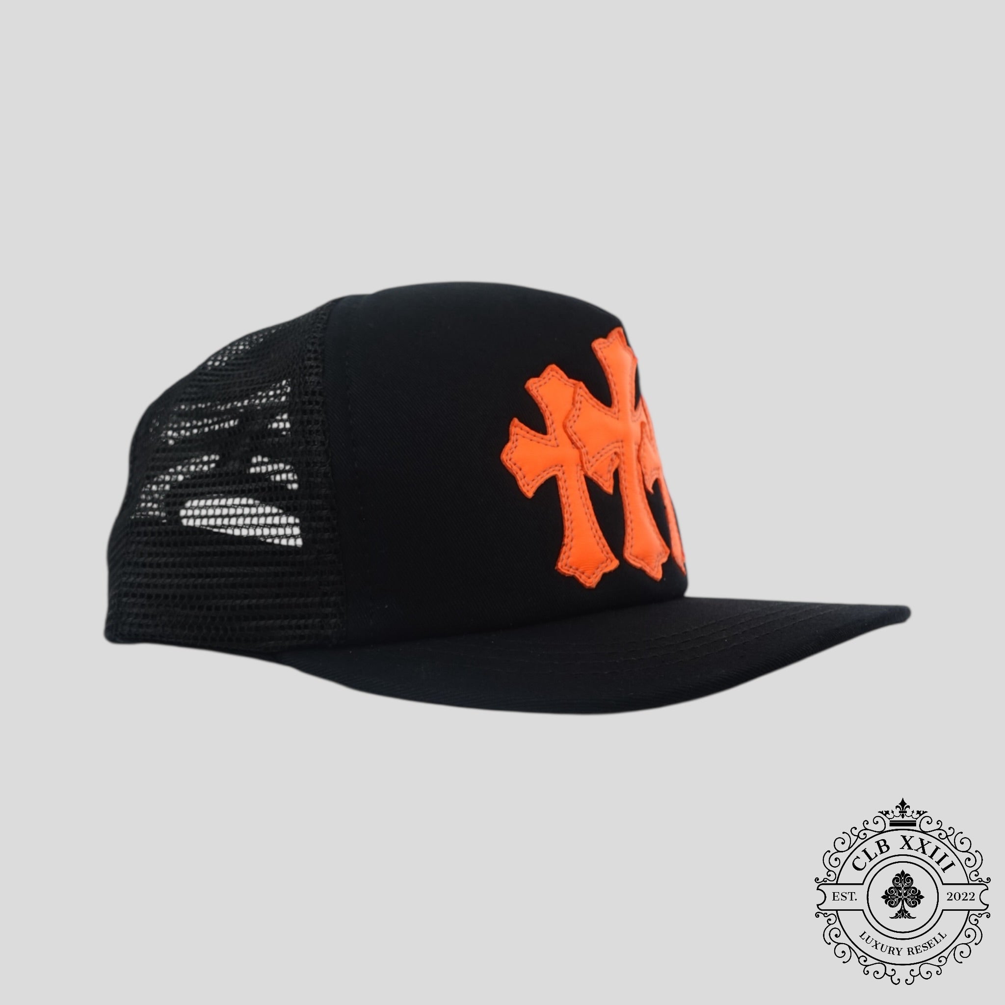 Chrome Hearts Triple Cross Trucker Hat in Black / Orange