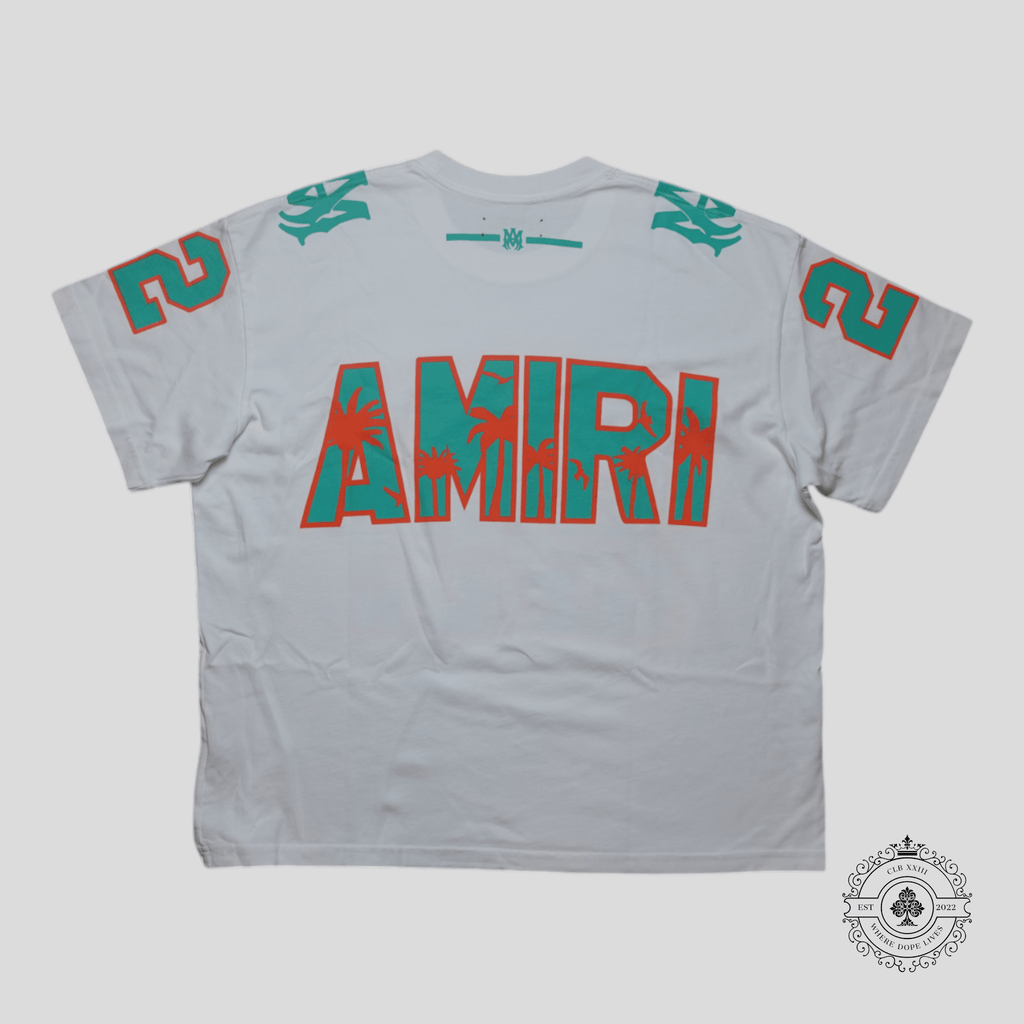 Amiri Palm Tree 22 Oversized Football T-Shirt in White/Mint Green/Orange