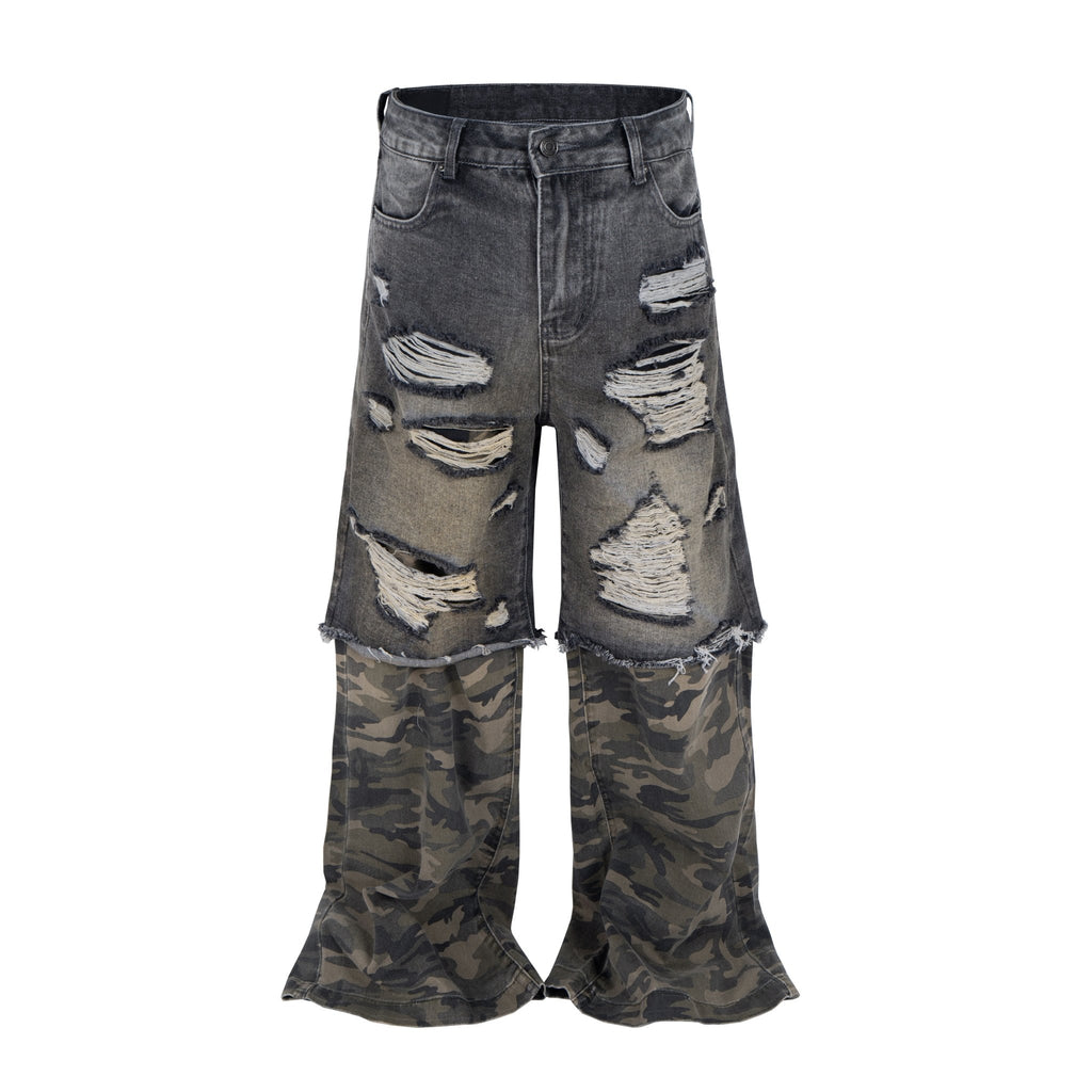 DISTRESSED SPLIT CAMO DENIM