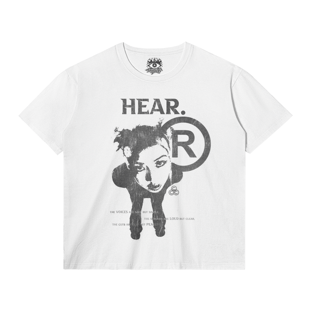 HEAR Streetwear Tee White Cotton T Shirt Classic Fit 180 GSM DTG Print
